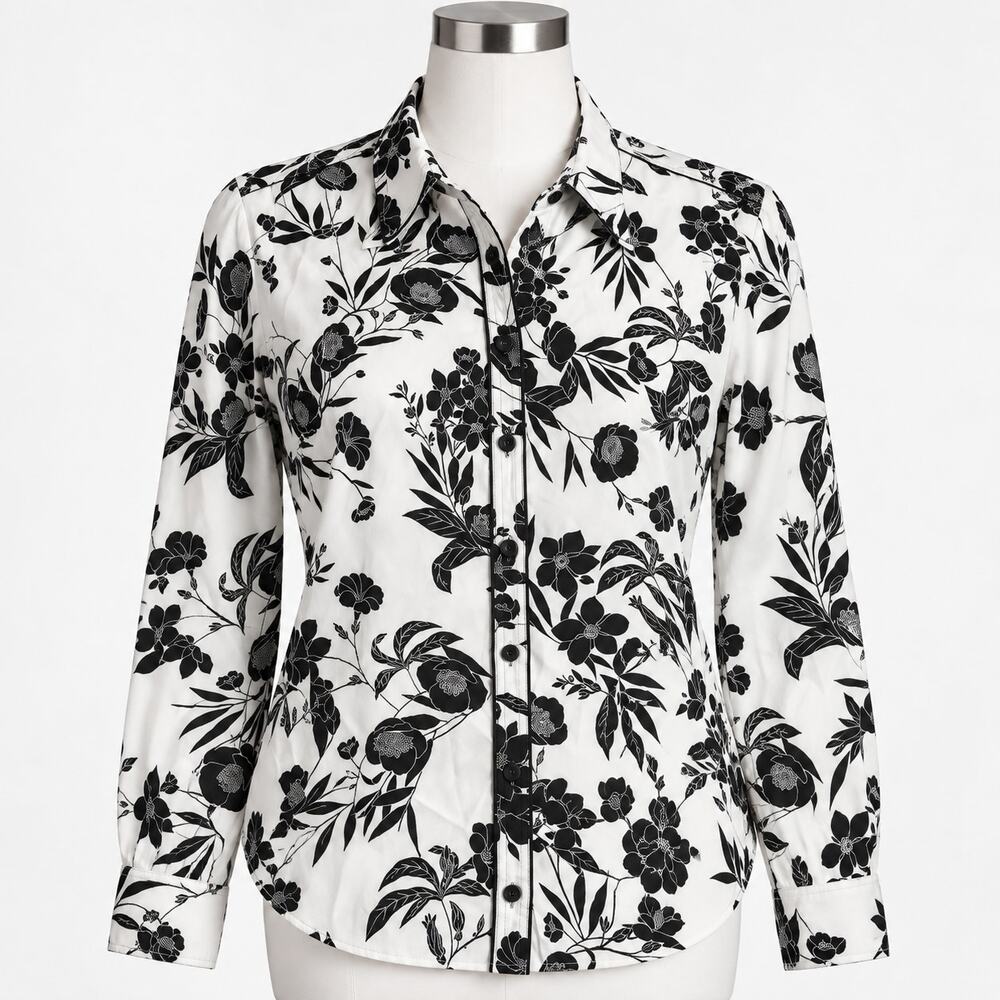 Ann Taylor Black White Floral Button Front Blouse Women's 6 Career Top